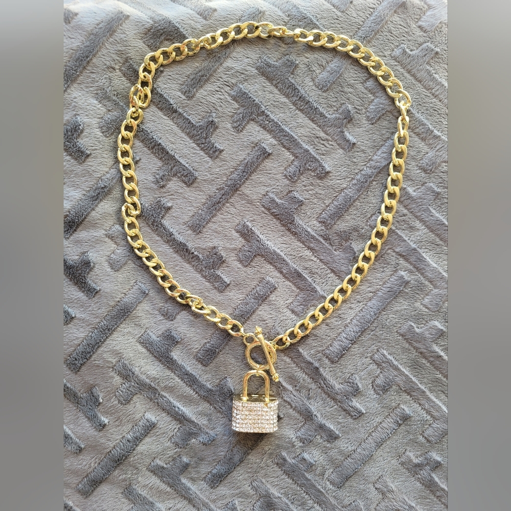 Womens Fashion Diamond Style Lock Pendant Gold Tone Necklace
